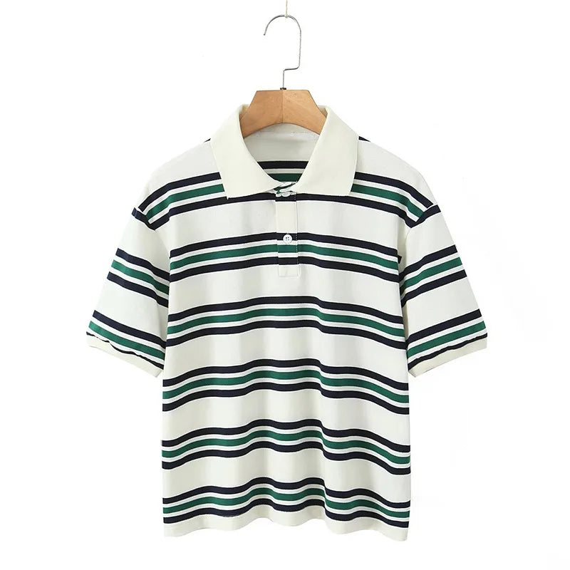 Fashion Stripe Women's T-shirt Casual Short Sleeve Female All Match Polo Shirts Summer New Ladies Loose Tops High Street