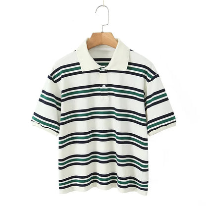 Fashion Stripe Women's T-shirt Casual Short Sleeve Female All Match Polo Shirts Summer New Ladies Loose Tops High Street