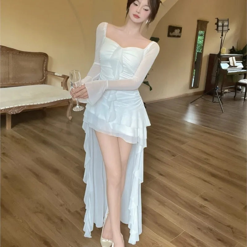 Y2K Irregular Evening Party Dress Mesh Long Sleeve Square Collar Ruffles A-line Sexy Dresses for Women Korean Fashion Vestidos