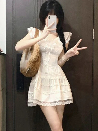 Voguable Y2k Coquette White Lolita Sweet White Kawaii Cute Mini Dress Lace Bow Princess Slip Lace Short Dresses Fashion