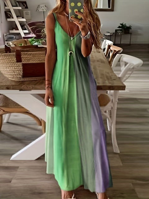 Color Gradient Print Spaghetti Strap Dresses Women Fashion Summer V-neck Beach Vacation Style Long Dress Female A-line Vestidos