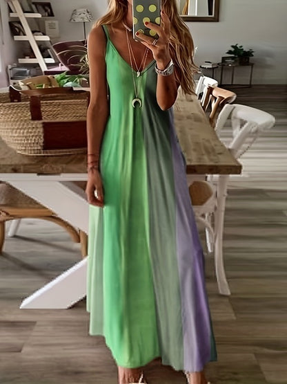 Color Gradient Print Spaghetti Strap Dresses Women Fashion Summer V-neck Beach Vacation Style Long Dress Female A-line Vestidos