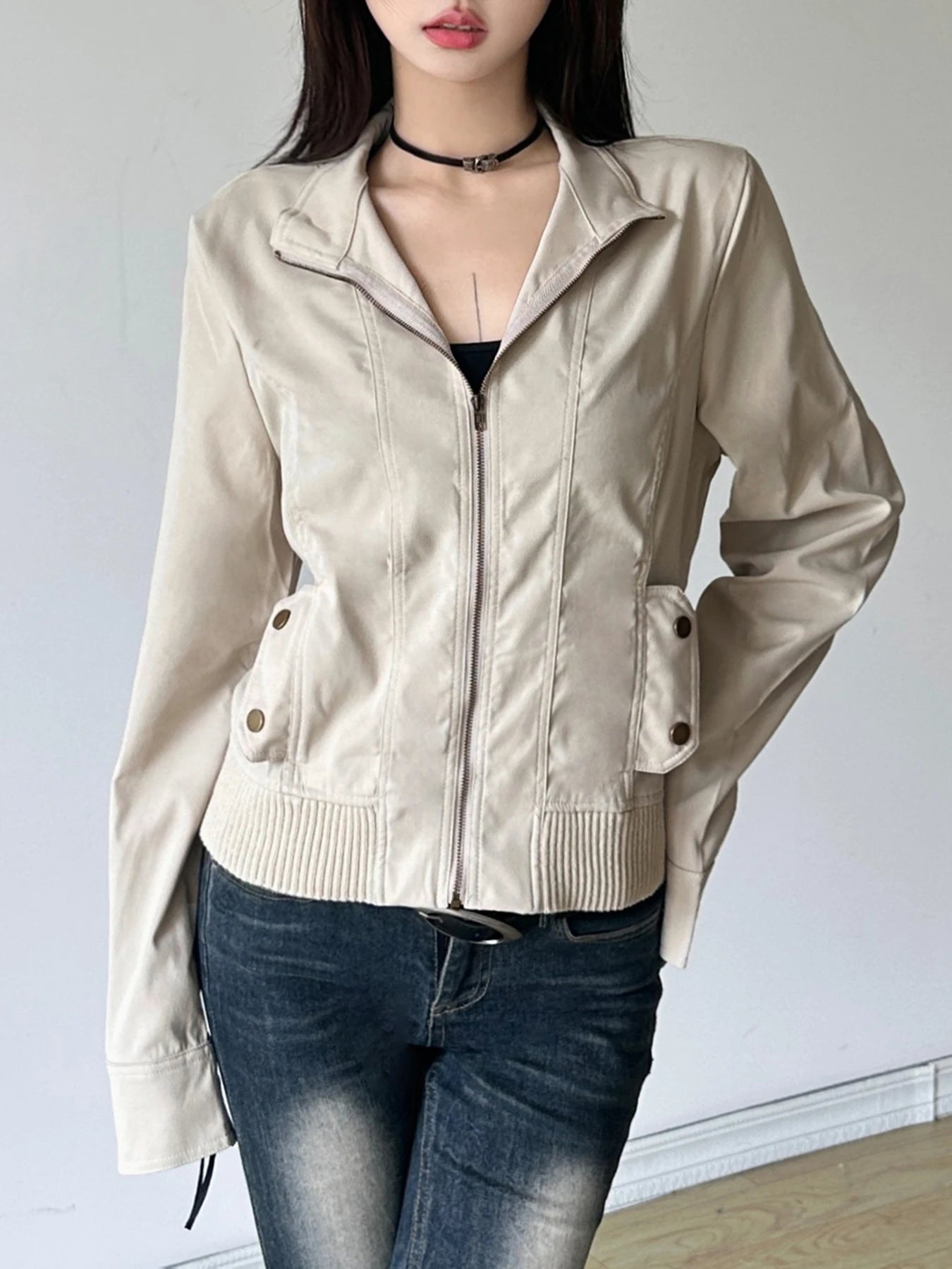 Solid Slim Basic Jacket Women S Autumn Winter New All-Match Harajuku Zipper Coat Causal Simple