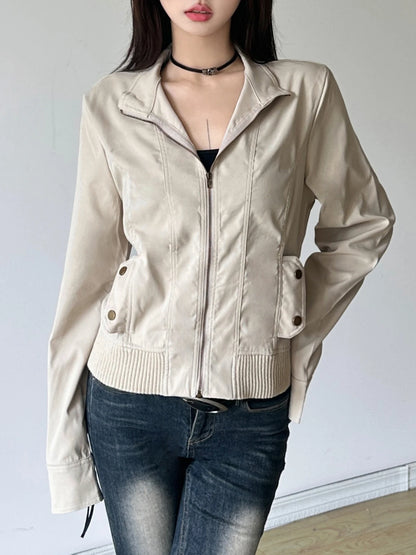 Solid Slim Basic Jacket Women S Autumn Winter New All-Match Harajuku Zipper Coat Causal Simple