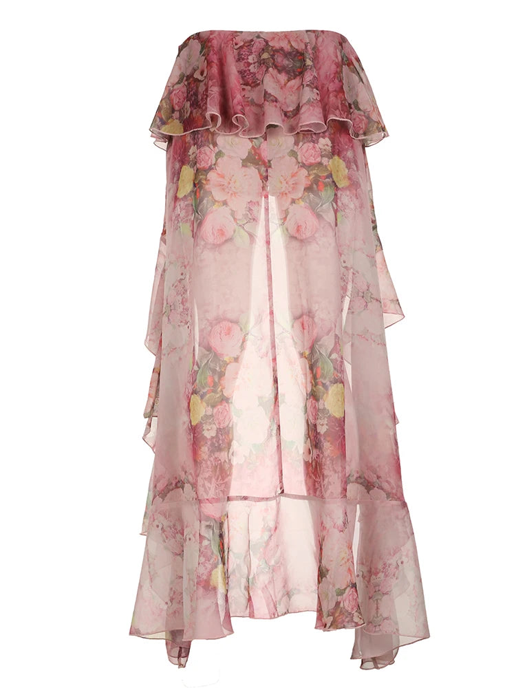 Beach Boho Floral Print Chiffon Ruffled Skirt Women Asymmetrical Dipped Hem Pink Romantic Elegant Sexy Vacation Skirts