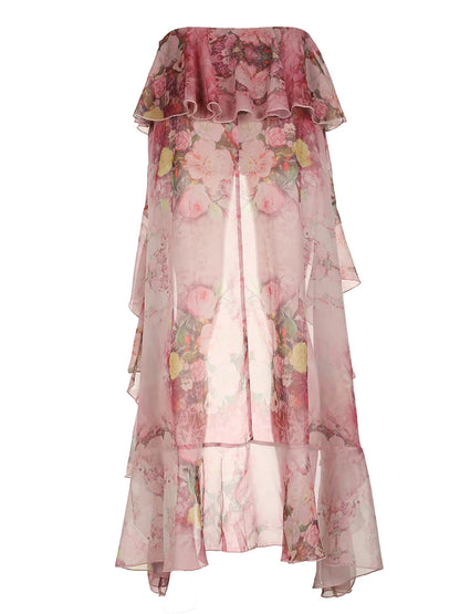 Beach Boho Floral Print Chiffon Ruffled Skirt Women Asymmetrical Dipped Hem Pink Romantic Elegant Sexy Vacation Skirts