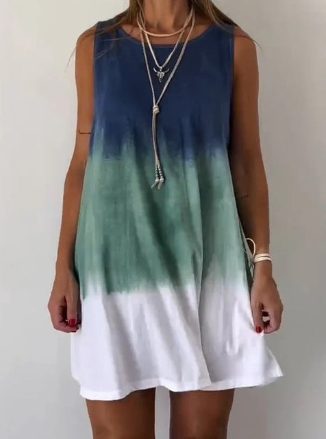 Gradient Tie Dye Print Mini Dresses Women 2025 Summer New Fashion Loose O Neck Sleeveless Dress Trendy Streetwear Lady Vestidos