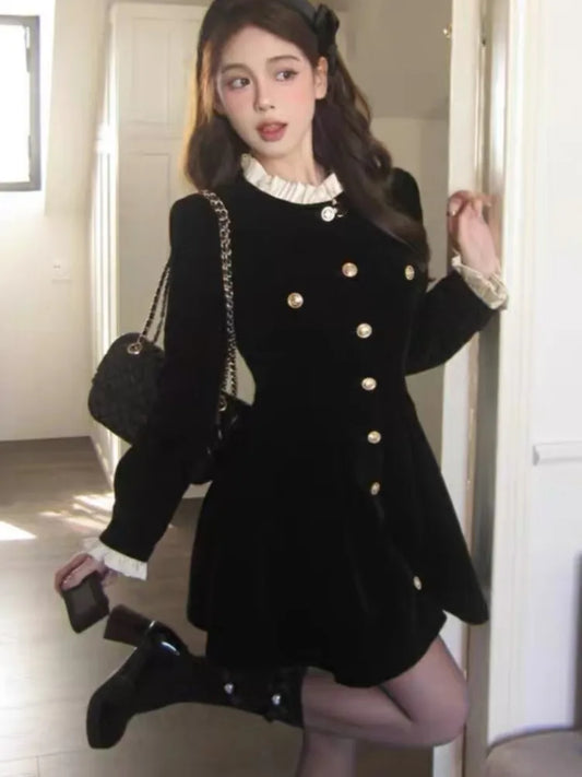 Autumn Black Velvet Dresses for Women Long Sleeve Single Breasted Evening Party Dress Korean Fashion A-line Vestido Mujer New