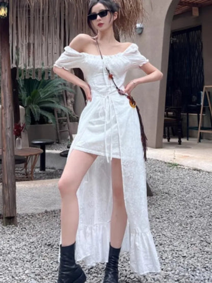 Y2K Long Dresses for Women Puff Sleeve Lace-up A-line Off Shoulder Club Party Dress Summer New Korean Chic One Piece Vestido