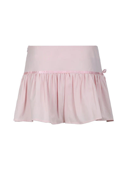 Sweet Y2K Kawaii Pink Bow Pleated Mini Lining Shorts Skirt Women Korean Cute 2000s Clothing