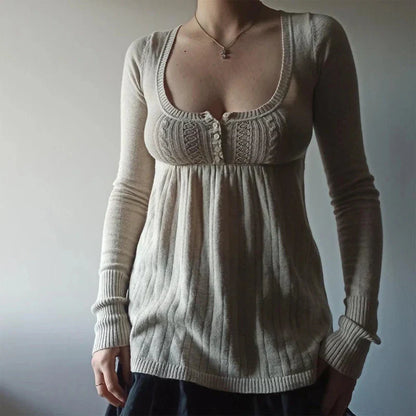 Vintage Babydoll Tops Pullovers Lady Aesthetic Coquette Knit Sweaters Outfit Square Neck Long Sleeve Knitwear Jumpers Y2k