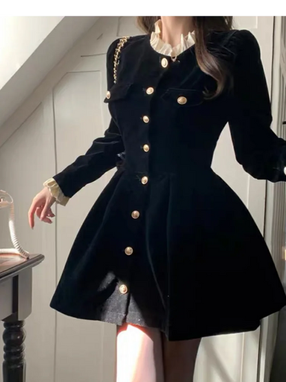 Autumn Black Velvet Dresses for Women Long Sleeve Single Breasted Evening Party Dress Korean Fashion A-line Vestido Mujer New