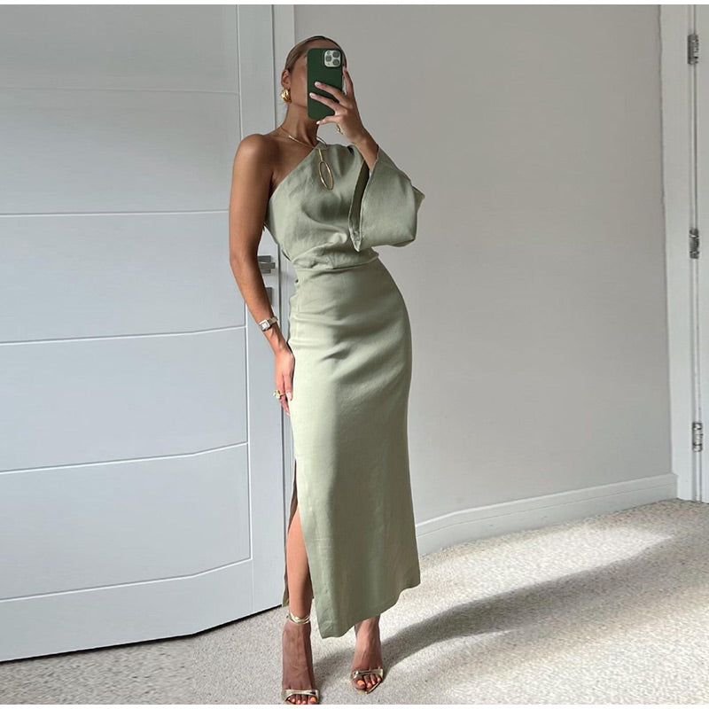 Vestido verde salvia de un solo hombro para mujer | Ideal para primavera/verano