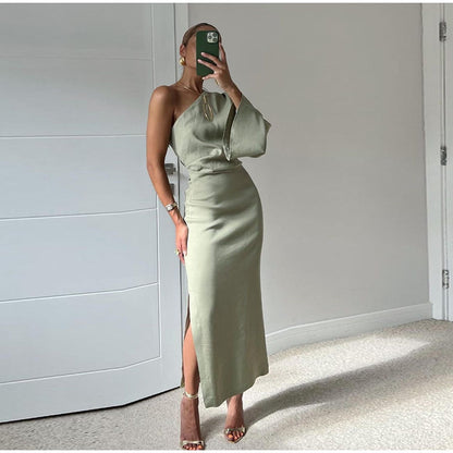 Vestido verde salvia de un solo hombro para mujer | Ideal para primavera/verano
