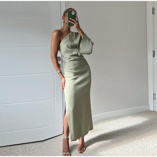 Vestido verde salvia de un solo hombro para mujer | Ideal para primavera/verano
