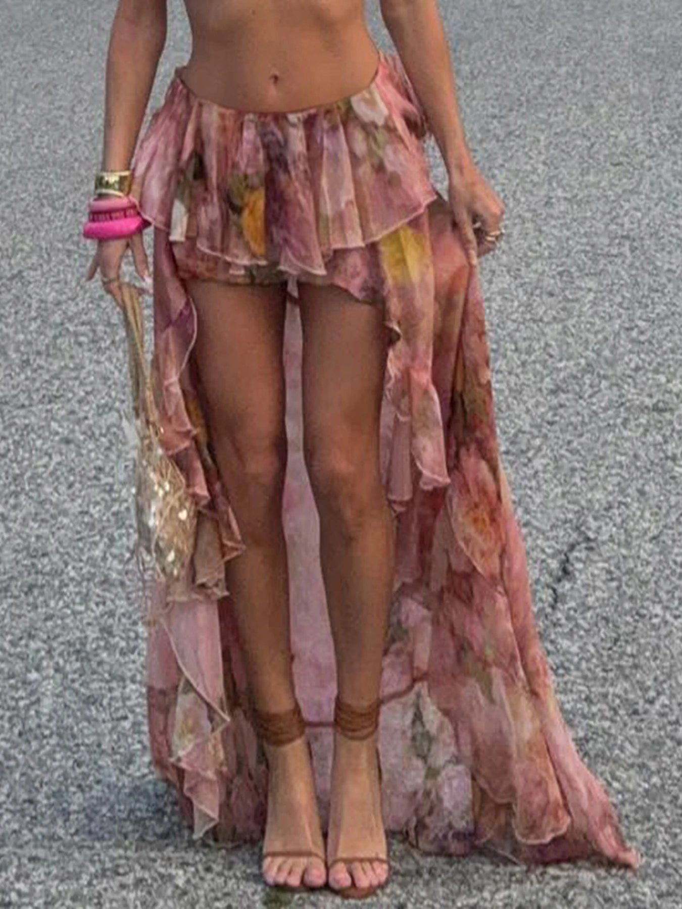 Beach Boho Floral Print Chiffon Ruffled Skirt Women Asymmetrical Dipped Hem Pink Romantic Elegant Sexy Vacation Skirts