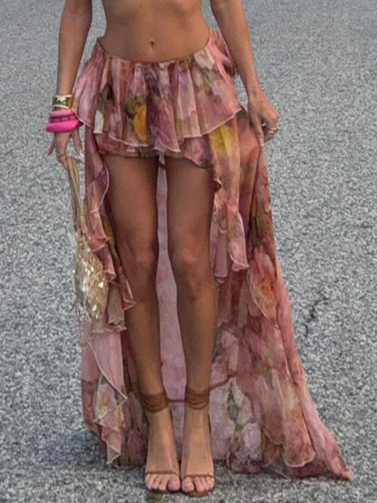 Beach Boho Floral Print Chiffon Ruffled Skirt Women Asymmetrical Dipped Hem Pink Romantic Elegant Sexy Vacation Skirts