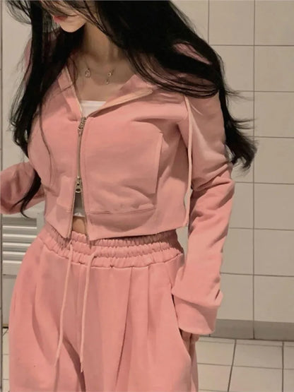 Korean Fashion Streetwear 2-piece Pants Set Women Tracksuit Autumn New Hooded Zip-up Crop Top Long Pants Casual Solid Outfits