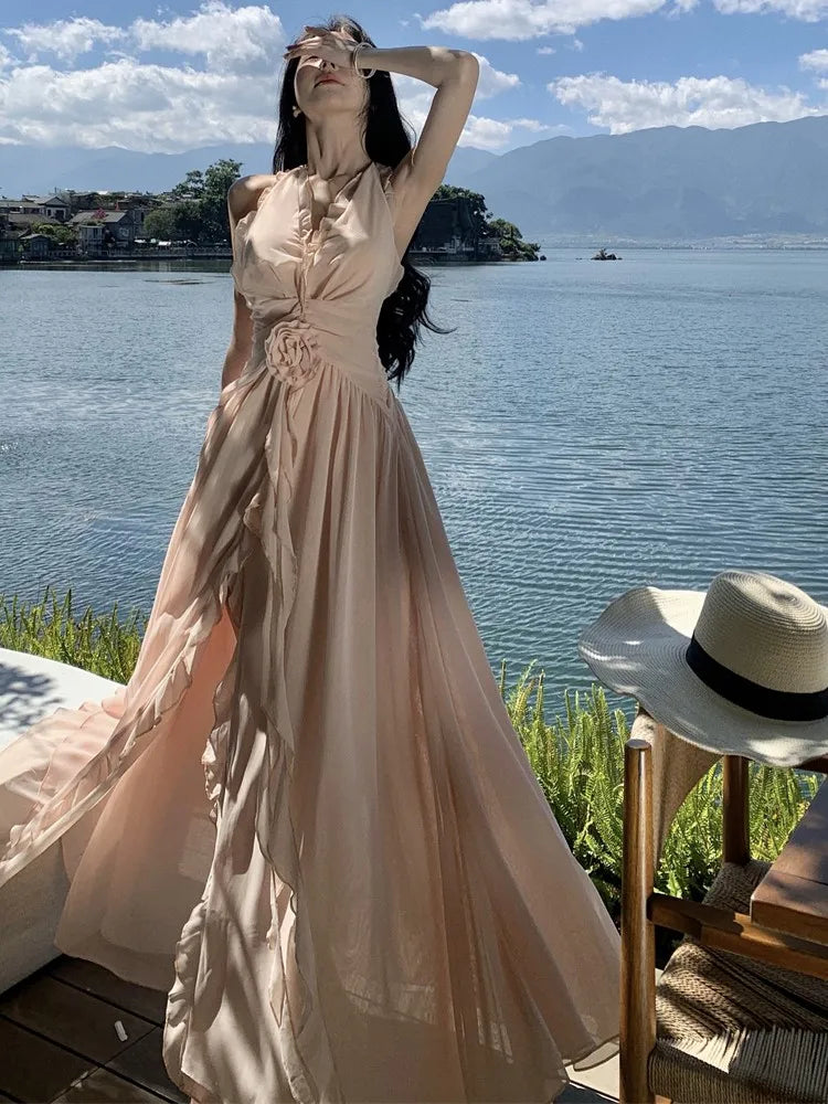 Summer New Ruffles A-line Long Dresses for Women Halter Backless Holiday Seaside Party Dress Korean Fashion One Piece Vestido