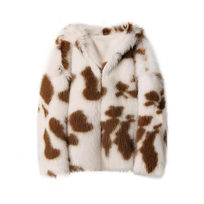 Sweet Harajuku Y2k Fashion Girls Oversized Leopard Faux Fur Coat Women Winter Thicken Fox Fur Jacket Hooded Overcoat Outerwear