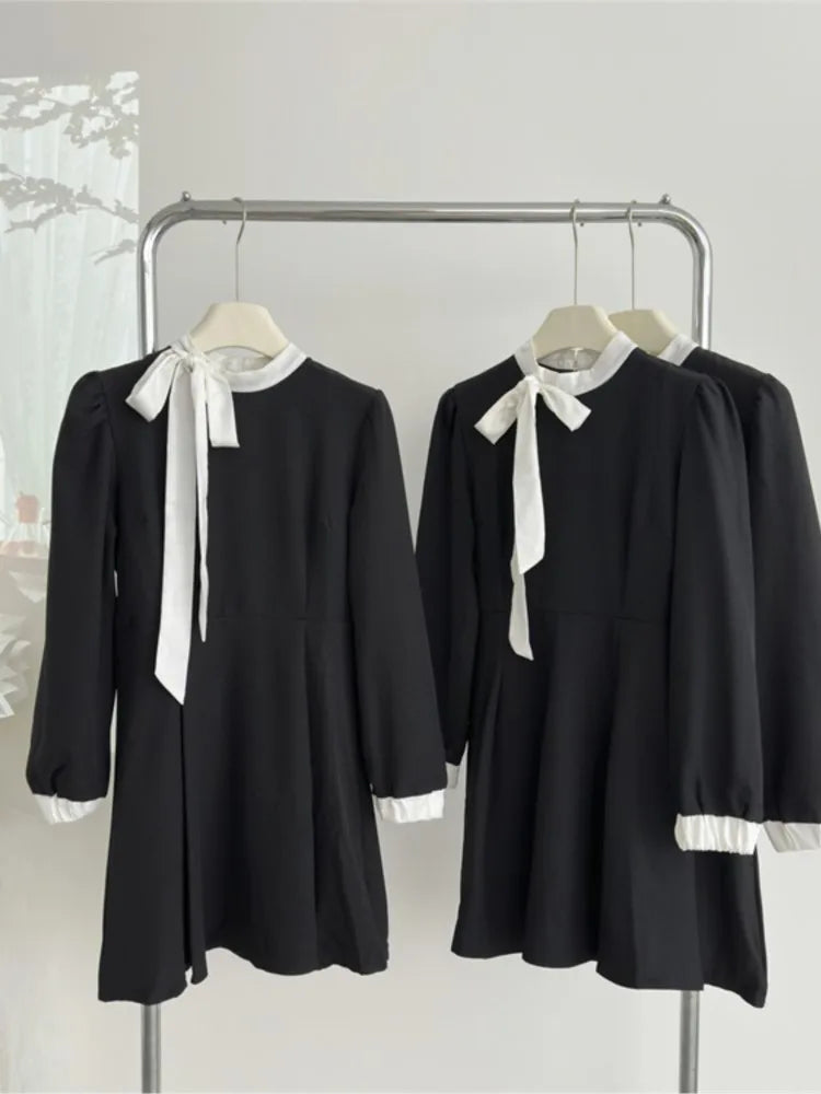 Elegant Evening Dresses for Women Patchwork O-neck Long Sleeves A-line Party Dress Korean Fashion French Retro Vestidos Mujer