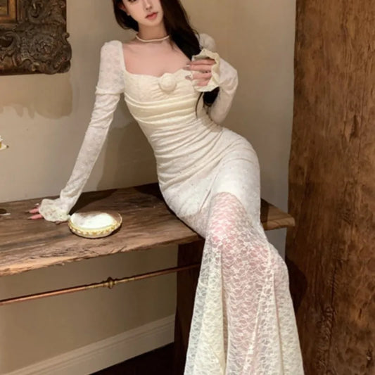 Autumn Sexy Lace Maxi Dresses for Women Off Shoulder Fishtail Bodycon Mermaid Birthday Evening Party Prom Robe Vestidos Mujer