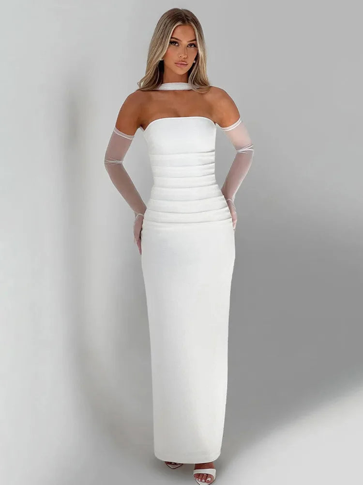 Strapless Backless Sexy Maxi Dress For Women Burgundy Mesh Sleeve Off-shoulder Bodycon Club Party Evening Long Dress
