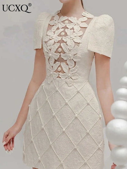 Elegant Short Dress European Style 3D Floral O Neck Hollow Nail Bead Fashion Tide Dresses For Women 2025 Spring Summer 1346