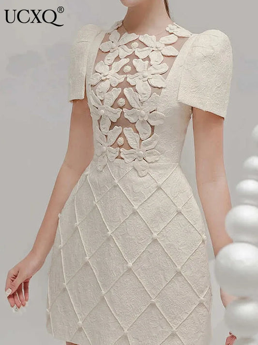 Elegant Short Dress European Style 3D Floral O Neck Hollow Nail Bead Fashion Tide Dresses For Women 2025 Spring Summer 1346