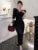 French Vintage Black Velvet Dresses for Women Long Sleeve Slim Waist V-neck Bodycon Evening Party Dress Autumn Korean Vestidos