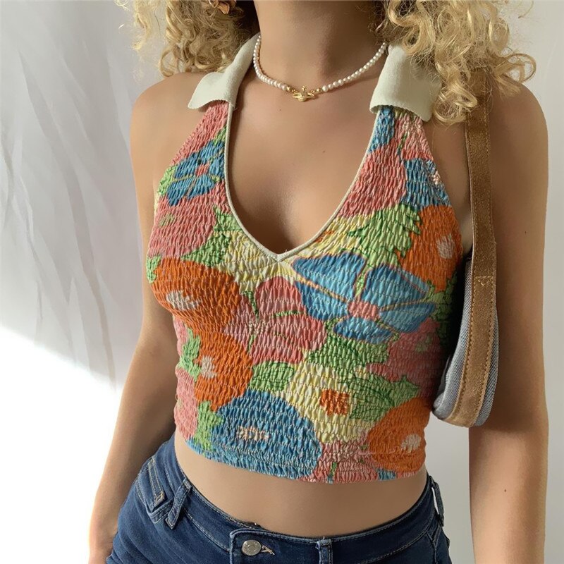 Clothing Cowboy Checkered Crop Tops Halter Neck Tank Sleeveless Backless Y2k Streetwear