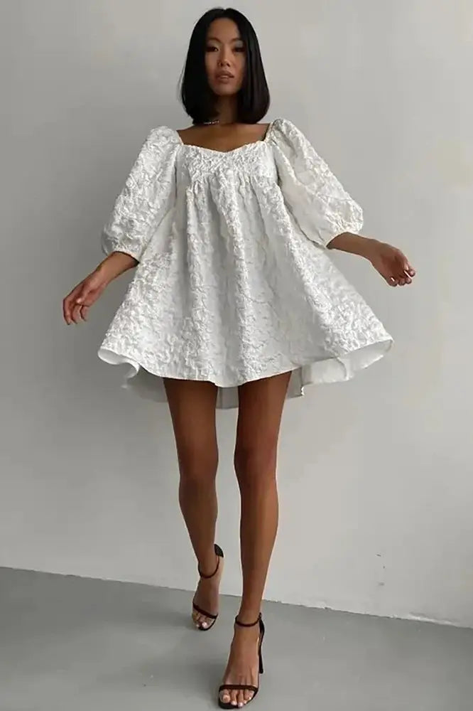 Jacquard V-Neck Mini Dress with Bubble Sleeves