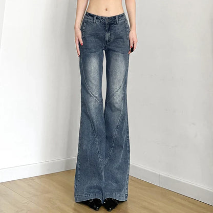 Y2K Low Waisted Washed Flare Jeans Korean Streetwear Blue Slim Fit Denim Pants Fashion Lady Casual Boot Cut Trousers