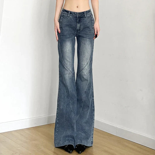 Y2K Low Waisted Washed Flare Jeans Korean Streetwear Blue Slim Fit Denim Pants Fashion Lady Casual Boot Cut Trousers