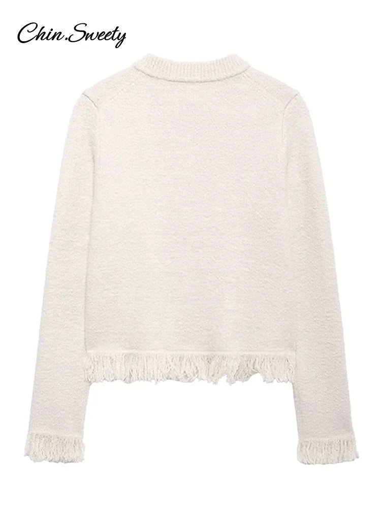 Fashion Tassel Knit Skirt Set Women Bow Buckle O-neck Long Sleeve Cardigan Sweater Mini Skirts Suit  New in Matching Outfit