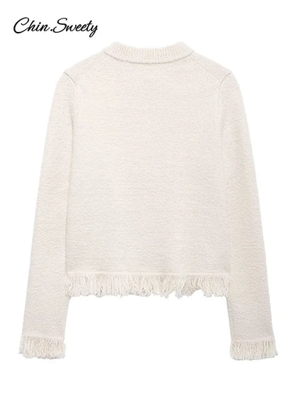 Fashion Tassel Knit Skirt Set Women Bow Buckle O-neck Long Sleeve Cardigan Sweater Mini Skirts Suit  New in Matching Outfit
