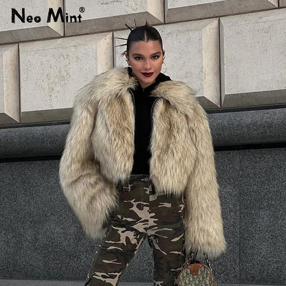 Winter Fluffy Gradient Faux Fur Coat Women Thicken Warm Fox Fur Jacket Girls Streetwear Style Furry Fur Overcoat