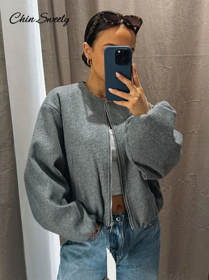 Retro Solid Woolen Women’s Bomber Jacket Long Lantern Sleeves Pockets O-neck Loose Female Coat  Autumn High Street Outwears