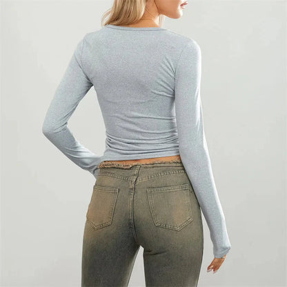 y2k Crop Tops Solid Color Round Neck Long Sleeve Tshirt 2000s Tees Casual Clothing Streetwear