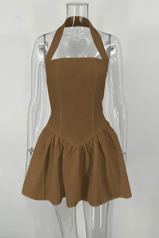 Pleated A-Line Mini Dress with High Waist Slim Fit