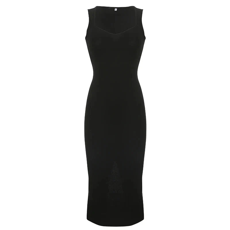 Basic Knit Long Dress Korean Square Collar Sleeveless Dresses Casual Y2k Vintage All-match Outftis