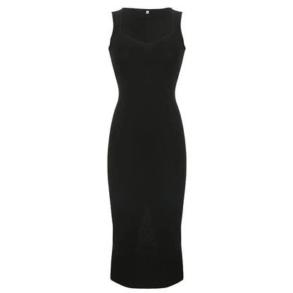 Basic Knit Long Dress Korean Square Collar Sleeveless Dresses Casual Y2k Vintage All-match Outftis