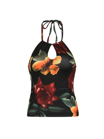 Vintage Aesthetic Big Floral Print Slim Backless Tie Halter Top Women Summer Vacation Tank Vest