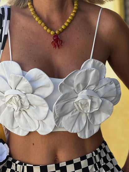 Sexy Chic 3d Floral Croptop Women Backless Sleeveless White Female Slip Vests  Spring Summer New Fashion Street Lady Tops