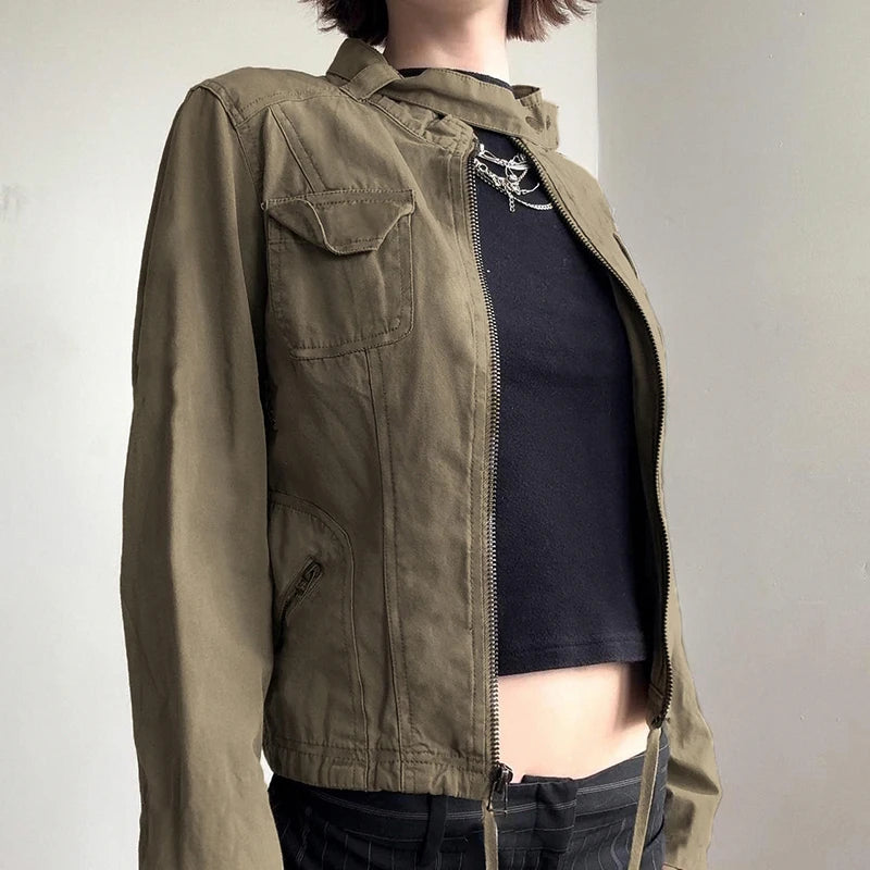 Women Patchwork Stand Collar Military Jacket Vintage Y2K Autumn Pockets Zipper Coat Grunge Style Streetwear Outfits