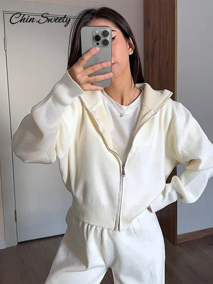 Knitted Pants Sets Women Stand Collar Zipper Cardigan Loose High Waist Pants Suits  Autumn Winter New in Matching Outfits