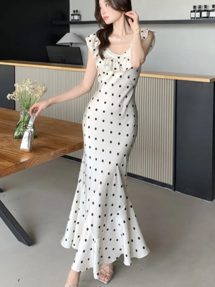 Elegant Bodycon Dot Midi Dresses for Women Ruffles V-neck Sleeveless Slim Mermaid Evening Party Dress Prom Robe Vestidos Mujer