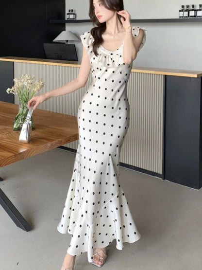 Elegant Bodycon Dot Midi Dresses for Women Ruffles V-neck Sleeveless Slim Mermaid Evening Party Dress Prom Robe Vestidos Mujer