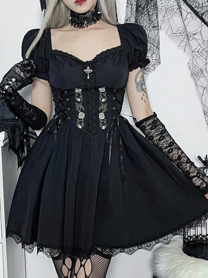 Black V Neck Lace Up High Waist Corset Mini Dress