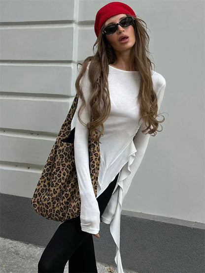 White Knit Slim T-shirt Pullover Female Ruffled Patchwork See-Through Long Sleeve Y2k Sexy Inner Top Women’s Knitwear Tee